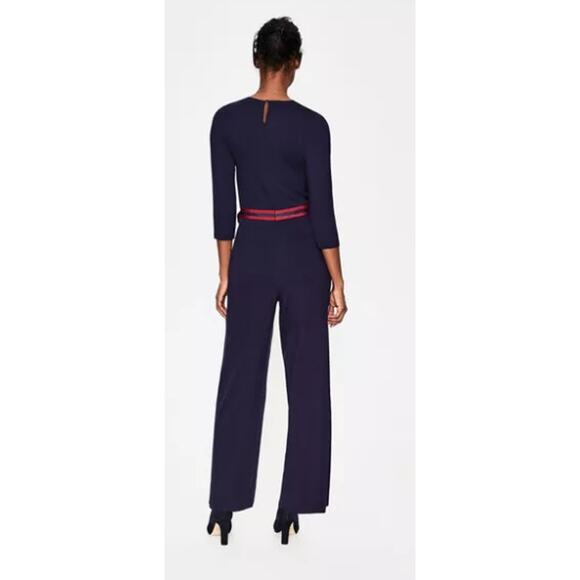 Boden Sz 4 Isla Jersey Jumpsuit Black Red Tie Waist Wide Leg V Neck 3/4 Sleeves - Picture 2 of 13